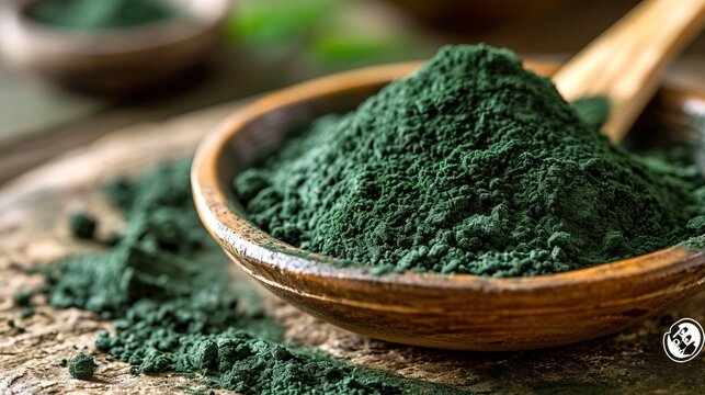 Spiruline en poudre dans un bol en terre