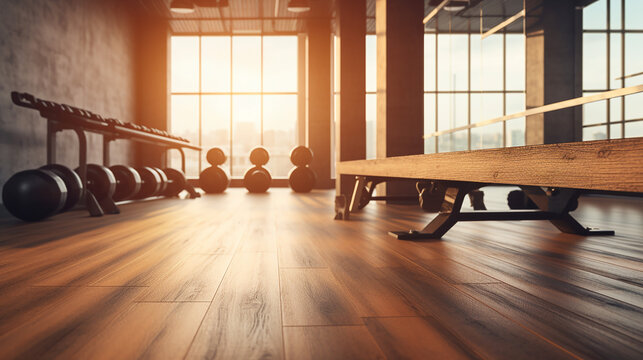 fitness gym and wooden table space in the morning light