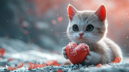 Petit chat trop mignon qui tiens un cœur pour la saint valentin  - obrazy, fototapety, plakaty