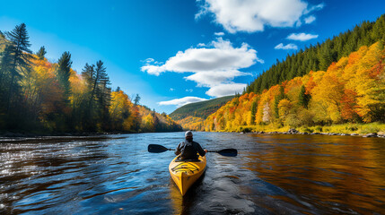 Kayak fun water sports down on river in Laurentians