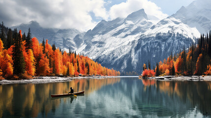 Kayak on alpine lake in fall - obrazy, fototapety, plakaty
