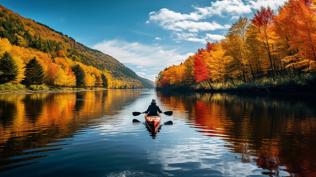 beautiful Kayak fun water sports down on river in Laurentians
