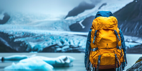 Touristic backpack on blurred astonishing glacier landscape background. - obrazy, fototapety, plakaty