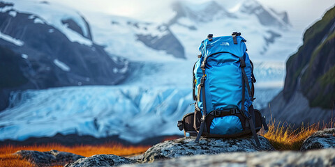 Touristic backpack on blurred astonishing glacier landscape background.