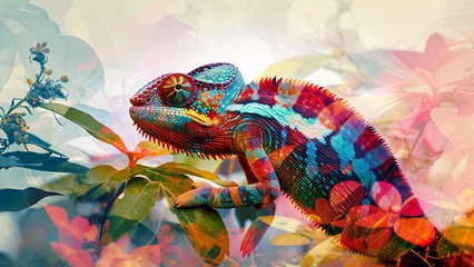 Fotobehang Vibrant Chameleon Silhouette in Tropical Rainforest Double Exposure © icehawk33