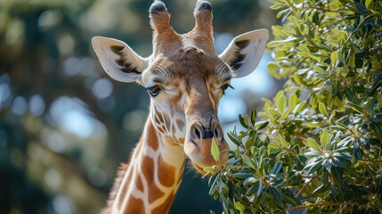 Obraz premium Giraffe peeking through leaves in sunlight.