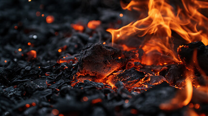 Embers and flames in a glowing fire bed. - obrazy, fototapety, plakaty