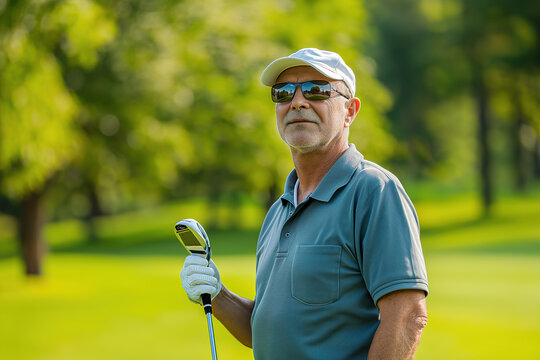 Golfer senior man with golf player with a cap and club over his shoulder on a driving course