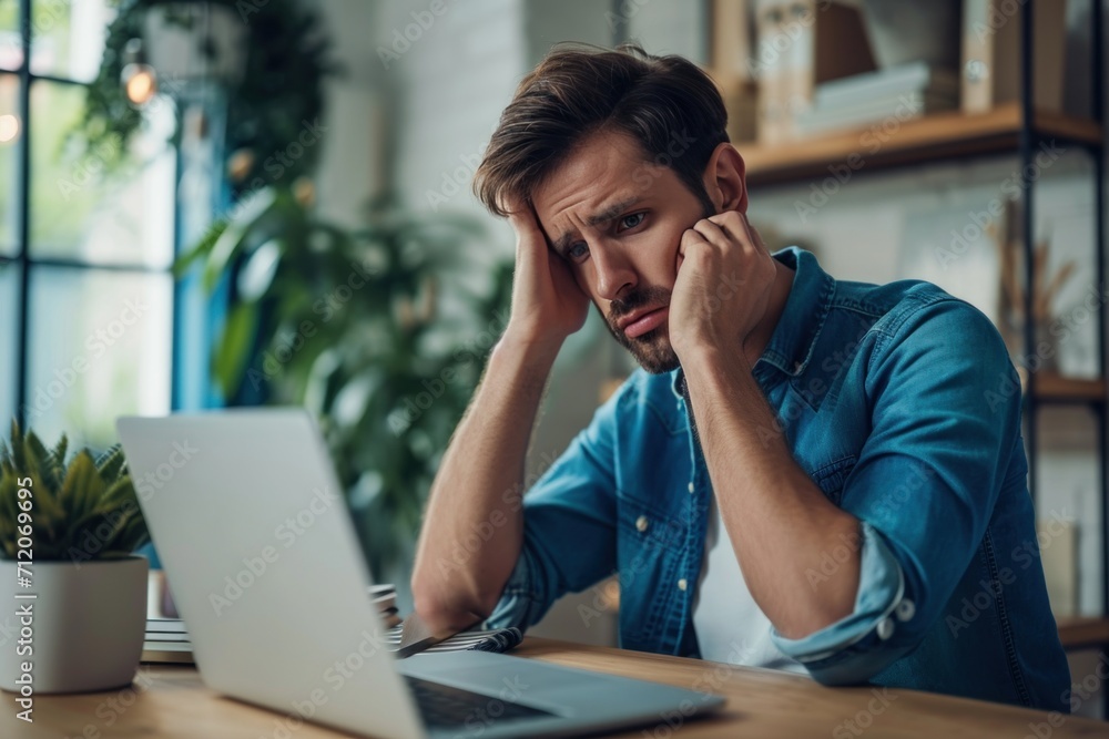 Canvas Prints Angry freelance man sitting and working with laptop Showing a confused and troubled expression sit at the table with computer macbook