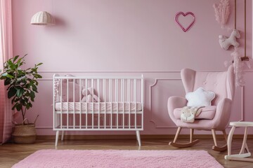 Simple, pink baby bedroom with cot and rug.