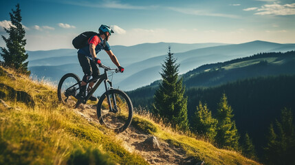 mountain biking woman riding on bike in summer mountain - obrazy, fototapety, plakaty