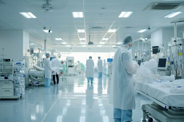 Obraz premium Picture inside the work room Hospital engineering industry engineers collaborate to efficiently design and install advanced medical equipment.