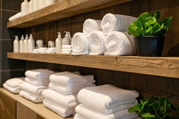 Fototapeta na wymiar Shelf with towels at hotel spa.