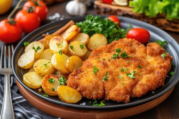 Fototapeta premium Schnitzel with potatoes and vegetables..