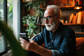 An elderly man uses social media at home and practices using technology. When an elderly man started using social media at home, she began to learn more.