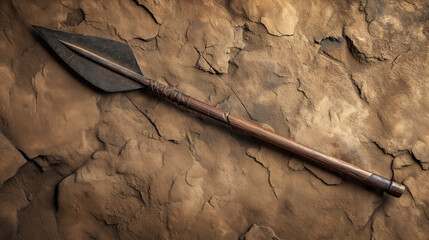 Ancient spear on cracked earth background. - obrazy, fototapety, plakaty