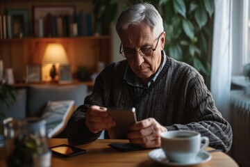 An elderly man uses social media at home and practices using technology. When an elderly man started using social media at home, she began to learn more.