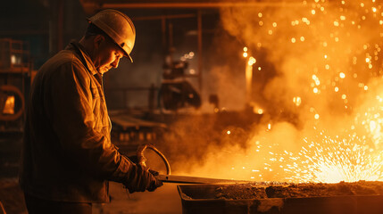 Foundry worker amidst fiery molten metal.