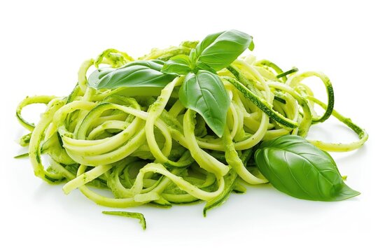 Delicious fresh zucchini pasta with basil on white background