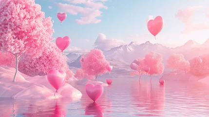 Fotobehang A breathtaking, surreal fairytale lakeside scenery with blooming pink hearts, capturing the essence of love and romance © rekux
