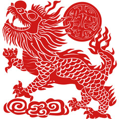 Red Paper dragon. Illustrating Cultural Symbolism. 2024 Chinese loong new year concept. Transparent background.