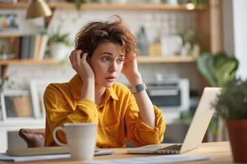 Angry freelance woman sitting with computer and macbook at table with confused and troubled expression