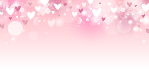 Valentine's day banner design of abstract pink bokeh lights with hearts background with copy space vector illustration