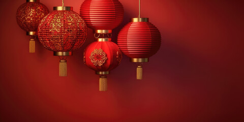Red Chinese Lanterns on a red background, copy space. Chinese New Year lanterns. China lantern festival