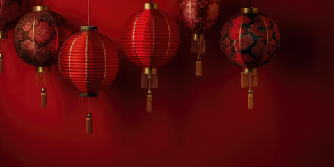 Fototapeta premium Red Chinese New Year lanterns on a dark red background, copy space. Chinese lantern festival