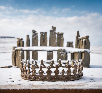 Old stone graveyard with a royal crown on the background of the snow