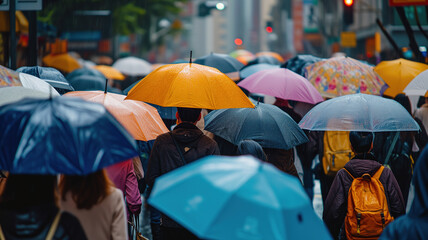 Raining day with a lot of different umbrellas, people are hiding from the rain nature - obrazy, fototapety, plakaty