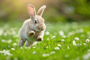 Cute easter bunny rabbit jumping or bunny hopping with flowing eggs in grass park and the spring season