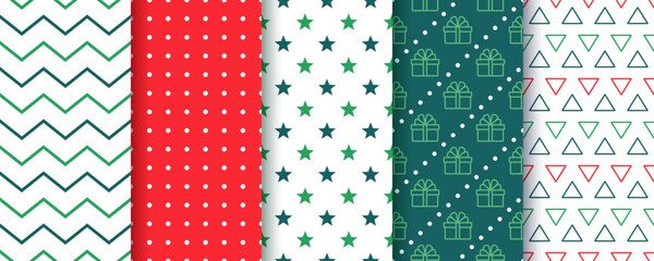 Seamless pattern. Christmas backgrounds. Red green prints with zigzag, polka dot, star, present, triangle. Set holiday textures. Collection wrapping papers. Vector illustration. Xmas New year backdrop