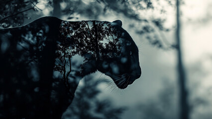 Double Exposure Mysterious Black Panther Silhouetted in Forest