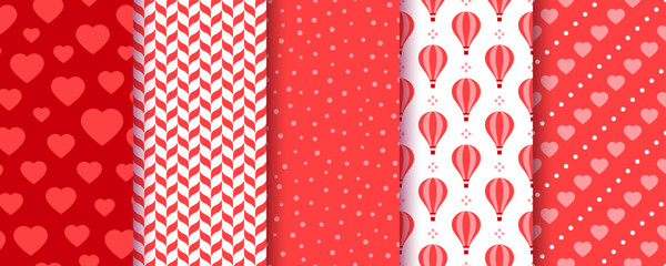 Seamless pattern. Valentine background. Prints with candy hearts, dots, hot air balloon, herringbone. Set red love texture. Romantic wrapping paper. Vector illustration. Retro Valentine's day backdrop