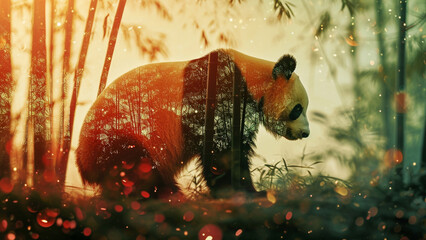 Playful Panda Silhouette in Bamboo Forest Double Exposure