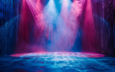 A theatrical stage set with striking blue lighting cutting through fog to create a moody ambiance,AI generated