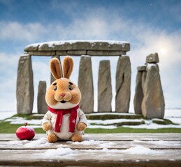 Rabbit doll with stonehenge in background, England, UK
