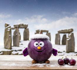 Purple plum with snowman face and Stonehenge in the background