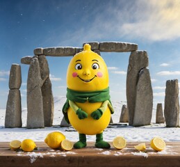 Funny lemon character on Stonehenge with snow in the background