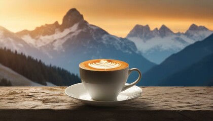 a cup of coffee latte against the silhouette of mountains, symbolizing a harmonious blend of nature and innovative design.  - obrazy, fototapety, plakaty