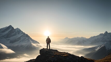 A lone traveler silhouette against sunrise over mountains, capturing a moment of tranquility. AI