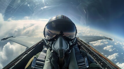 Fighter pilot's close up shot in the cockpit of the fighter jet. Flying above the clouds and looking at the sun. Created with Generative AI. 