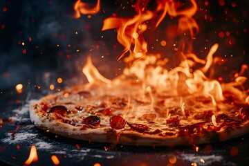 A Sizzling Pizza Amidst Roaring Flames Symbolizing An Explosion Of Super Spicy Flavors - obrazy, fototapety, plakaty