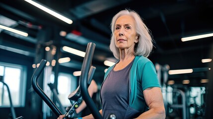 elderly woman in sportswear working out in modern gym