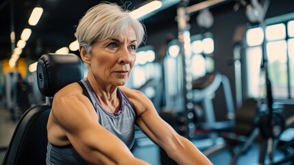 elderly woman in sportswear working out in modern gym