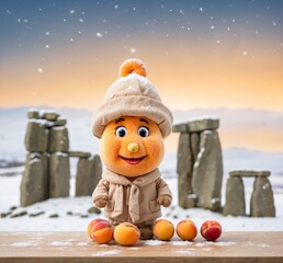 Funny snowman with apricots and Stonehenge background
