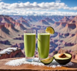 Two glasses of fresh green smoothies with avocado and salt on the background of the Grand Canyon.