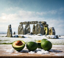 Avocado and Stonehenge in the Snow, England, UK