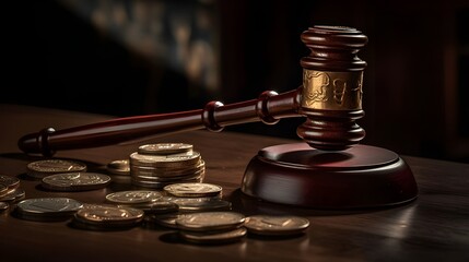 photo of a court gavel on a wood table and coins - obrazy, fototapety, plakaty